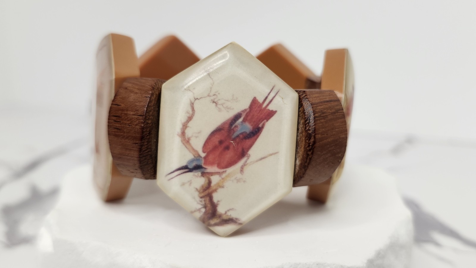 Boho Tropical Wooden Hexagon Tile Bracelet Acrylic Resin Bird Print Statement