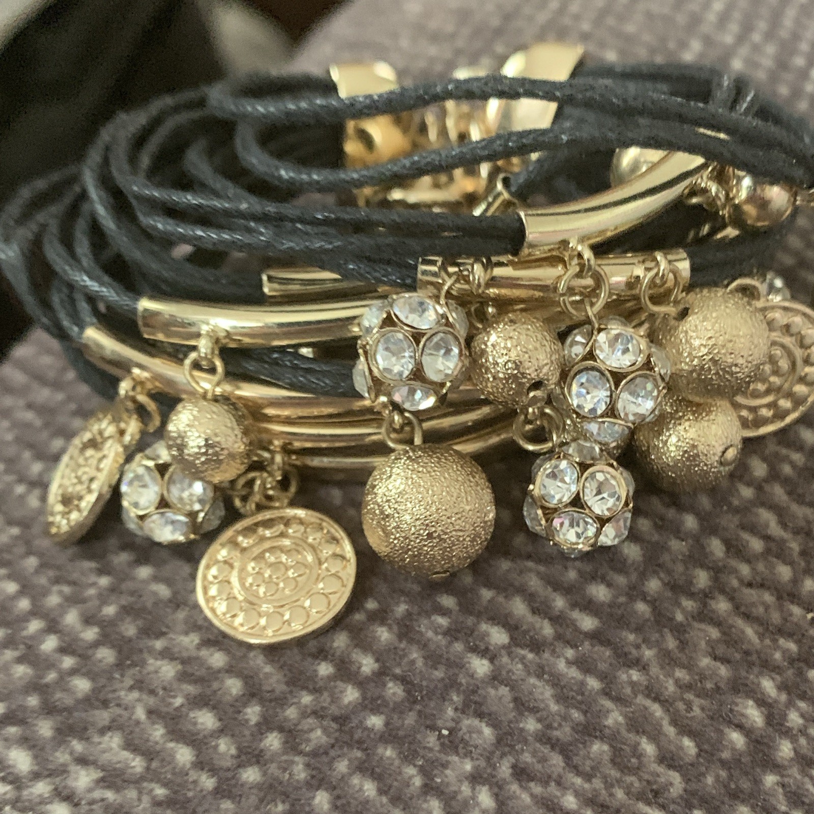 scroll & vine Signed Gold Tone Black Cord Multi-Row Charm Bracelet w/ Crystals