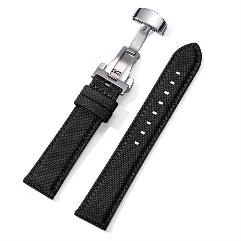 Butterfly Buckle Nylon Leather Watch Strap Canvas Quick Release Wrist Band 20 22