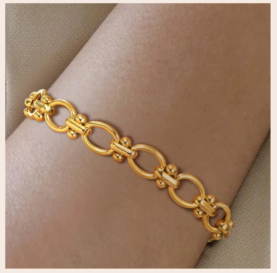 Gold Plated Oval Link Chain Bracelets for Women Thick Stainless Steel Jewelry