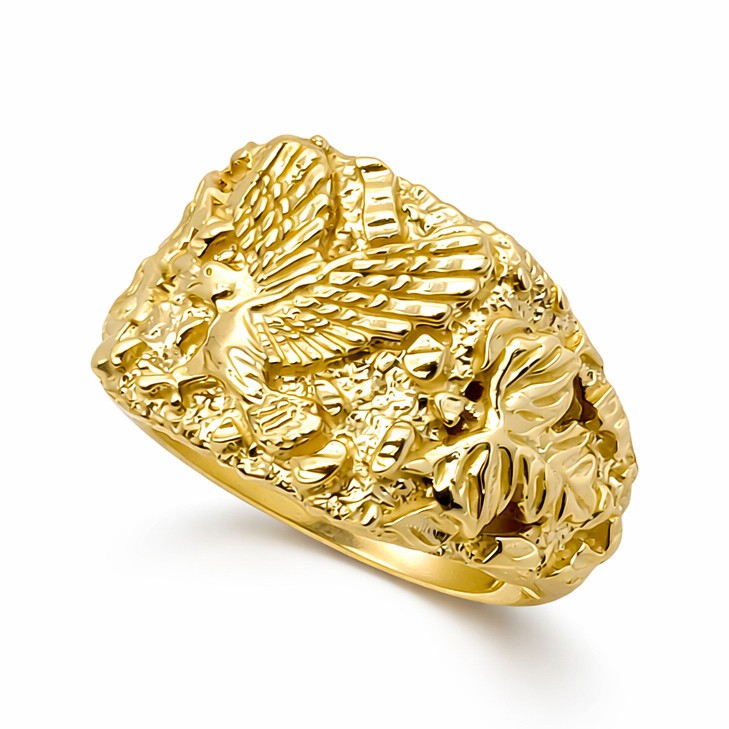 Solid 10K Yellow Gold Large Eagle Leaf Mens Nugget Ring, Size 5 – 15