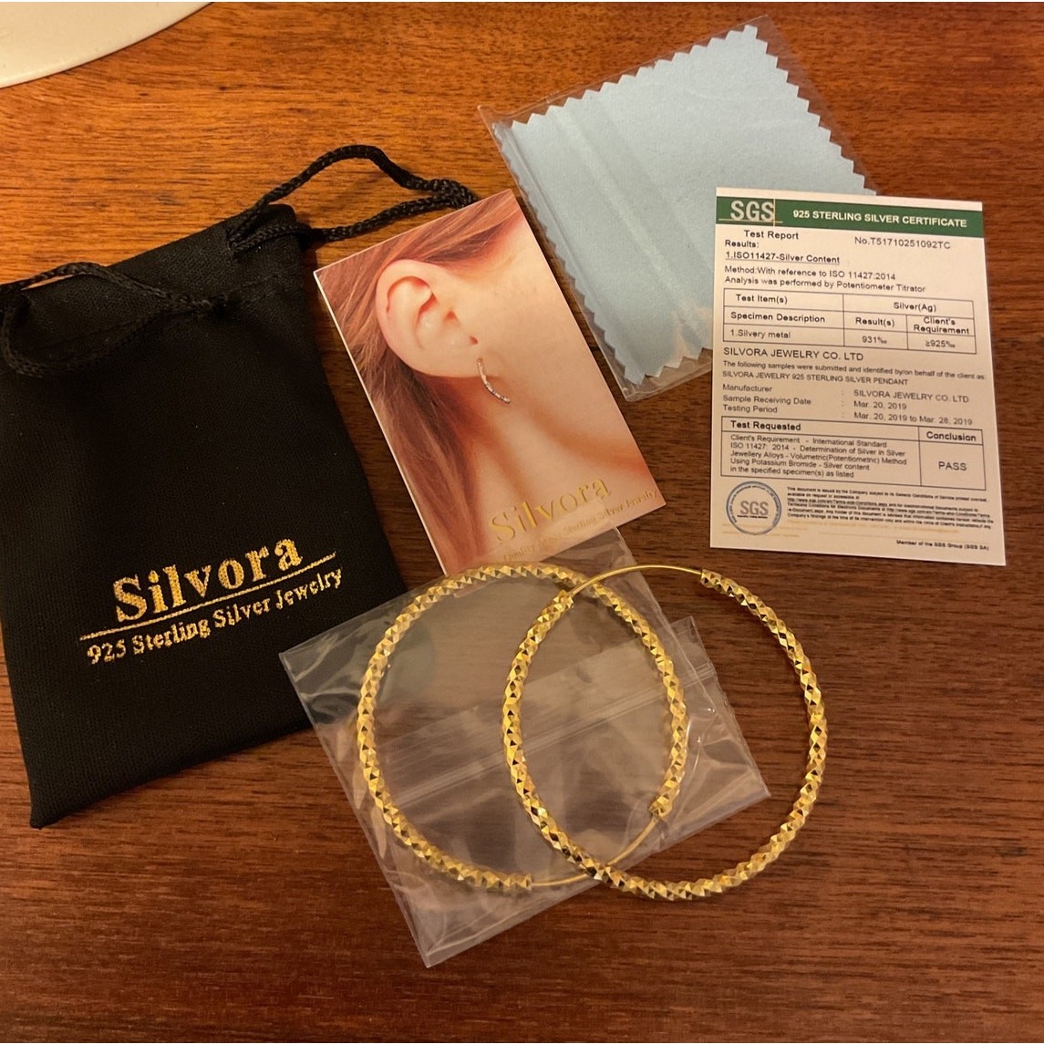 NWT Silvora .925 Silver Gold Hoop Earrings Boxed Cleaning Cloth Gold Hoop