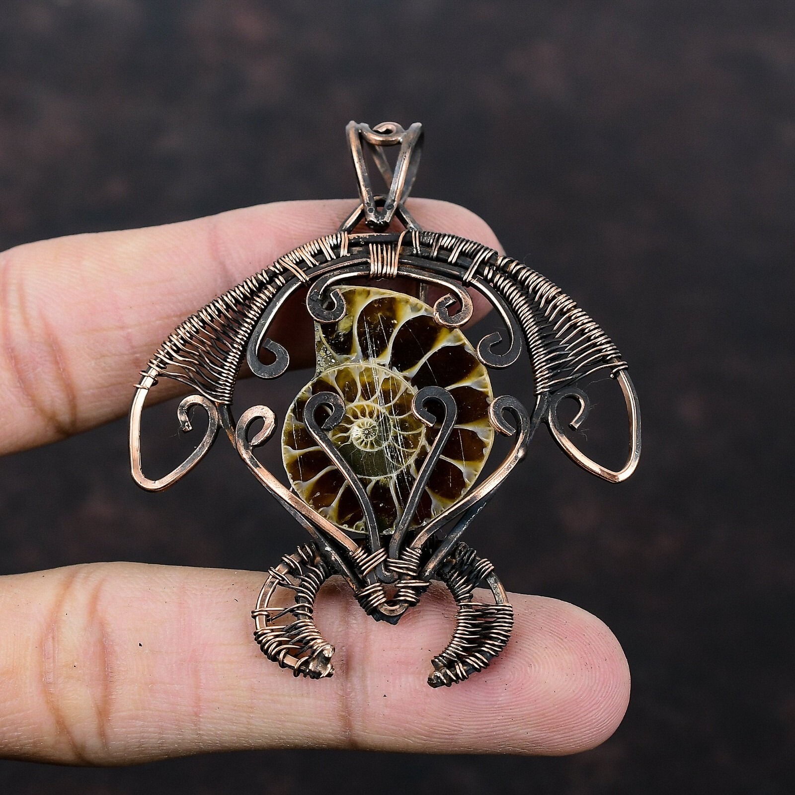 Gift For Her Copper Ammonite Fossil Jewelry Wire Wrapped Tortoise Pendant 2.56″