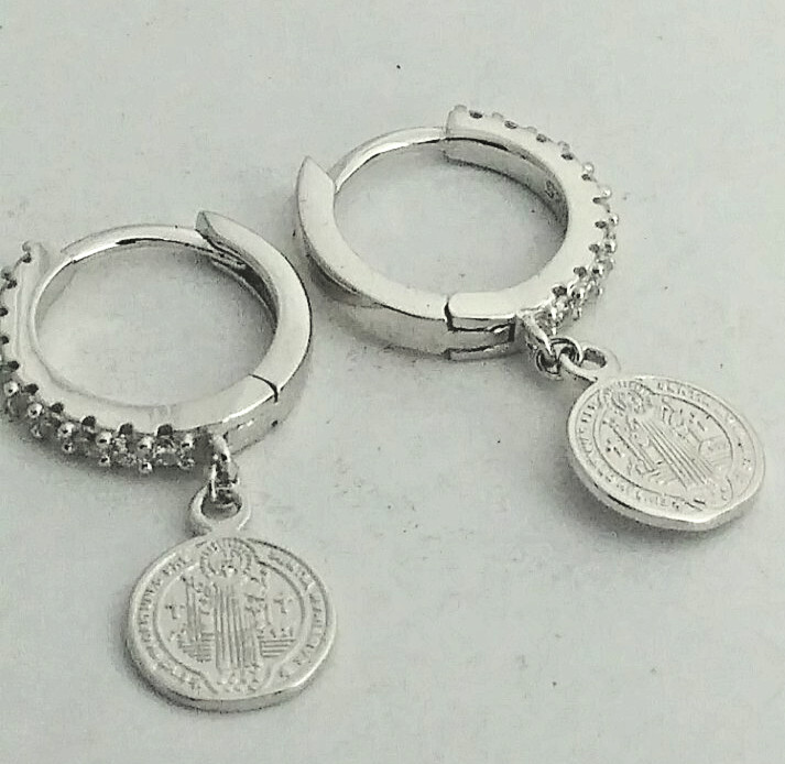 925 STERLING SILVER Rhodium Plated SAINT BENEDICT MEDAL Earrings 22x13MM