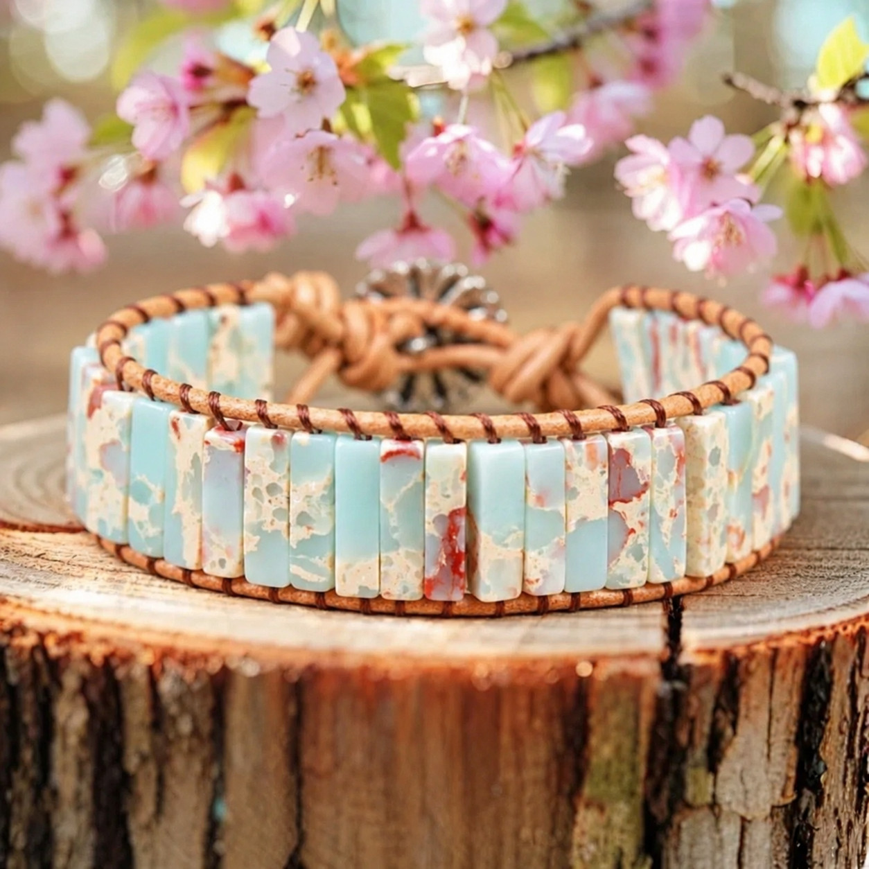 Natural Sea Sediment Jasper Bracelet Leather Wrap Boho Gemstone Flower Cuff