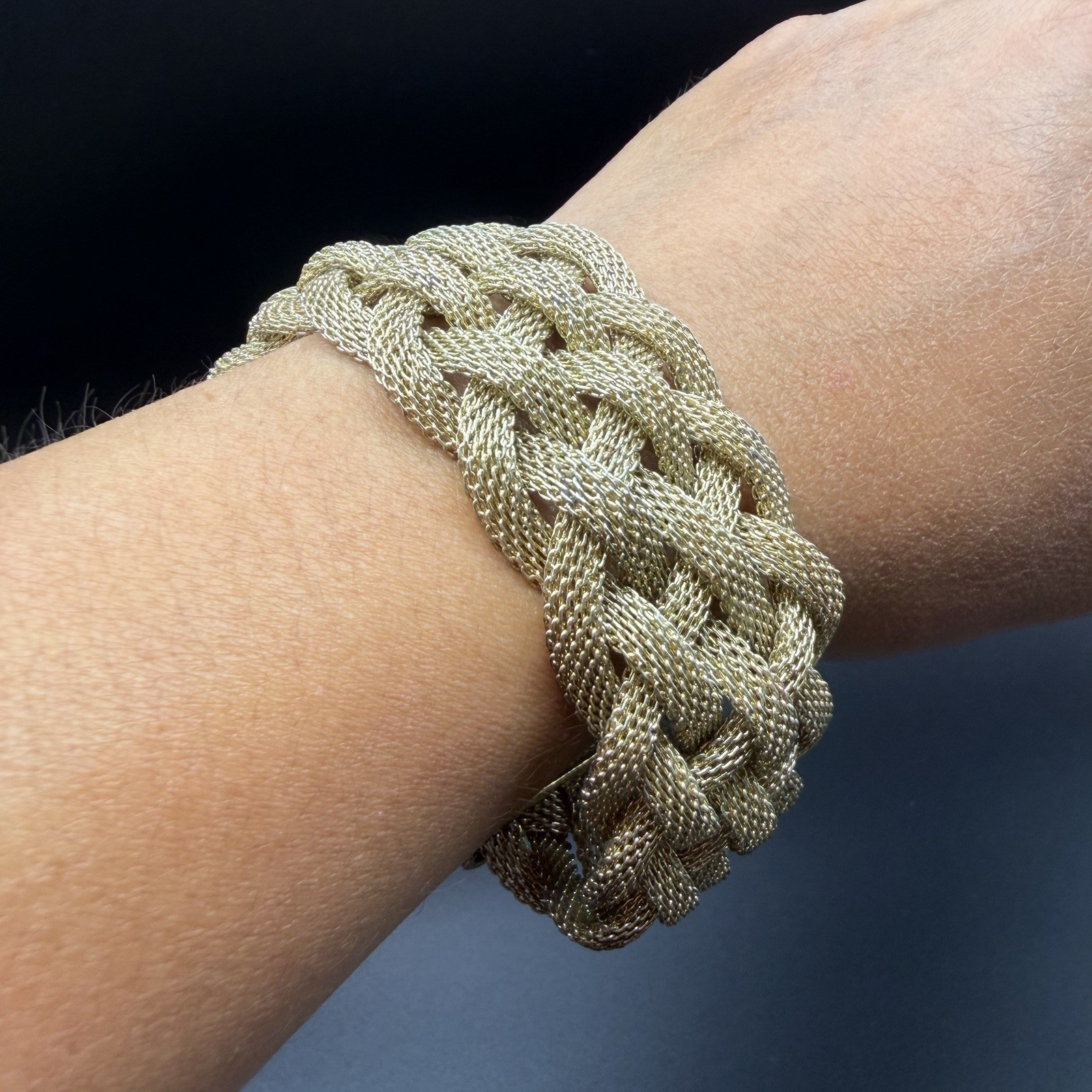 Vintage 18K Yellow Gold Braided Mesh Statement Bracelet w/ Intricate Woven Links