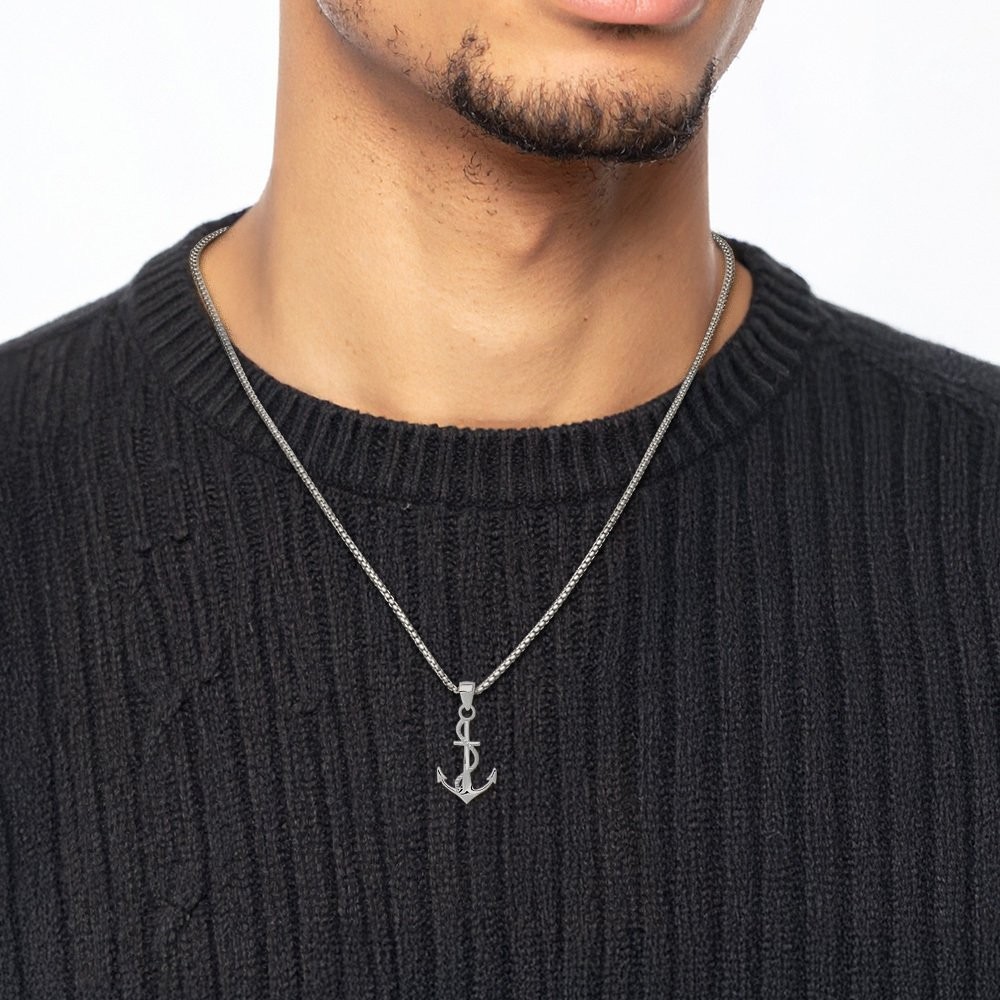 14K Solid White Gold Medium Anchor Mariner Rope Pendant Necklace 25.9mm 1 inch