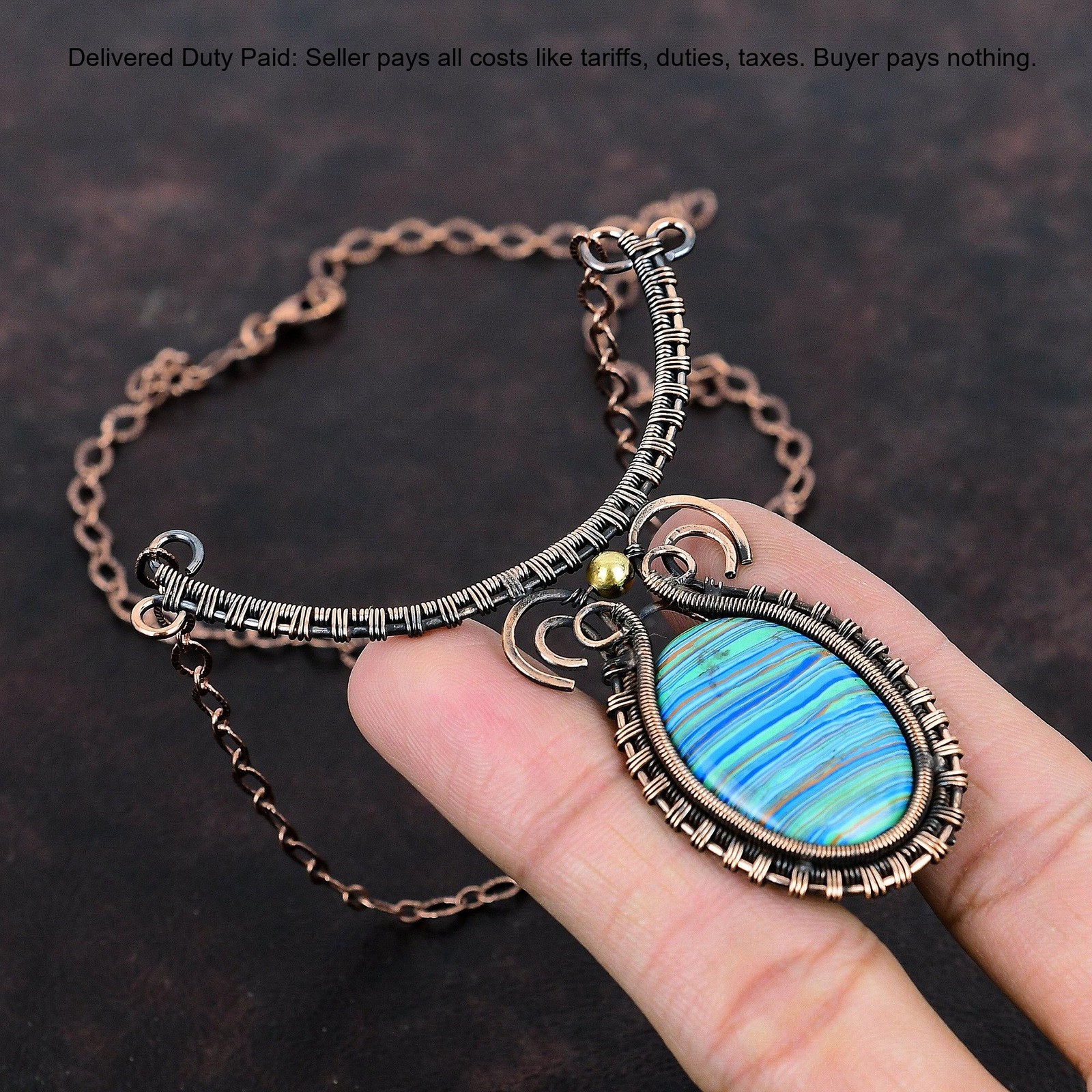 Copper Rainbow Calsilica Stone Chain Wire Wrapped Engagement Necklace Jewelry