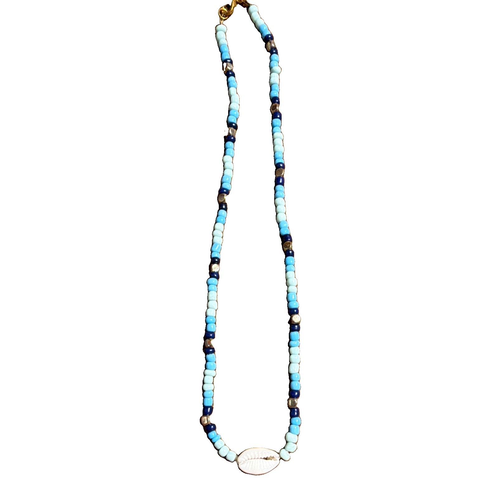 16 Inch Seed Bead & Cowrie Shell With Gold Tone Accents Beach Mermaid Necklace