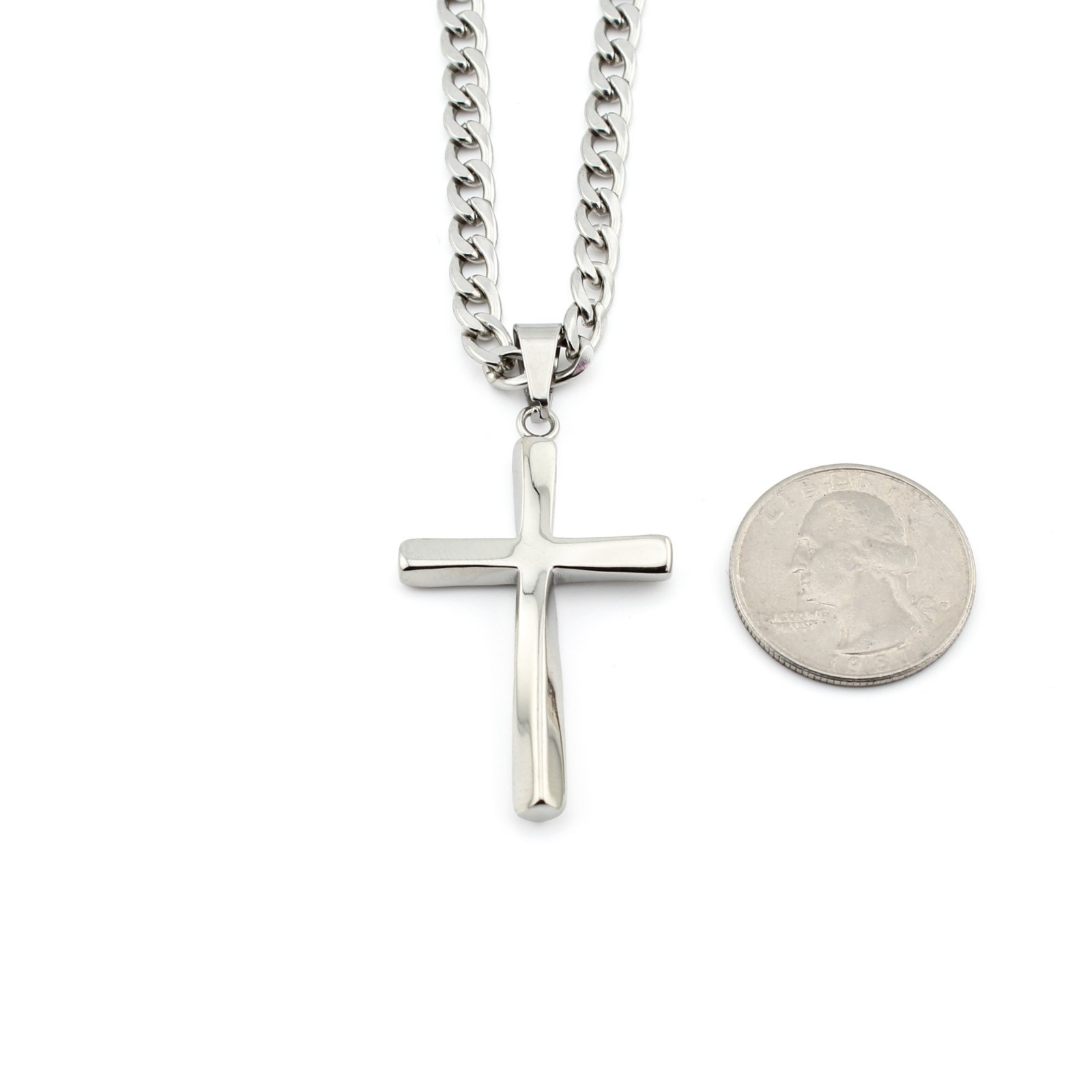 Men’s Stainless Steel Cross Necklace Cuban Link Chain Silver Pendant 5mm