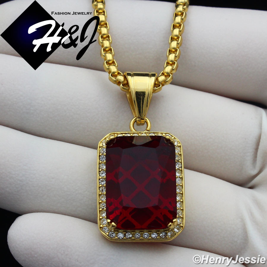 20″MEN Stainless Steel 3mm Gold Plated Box Link Chain Simulated Ruby Pendant*G98
