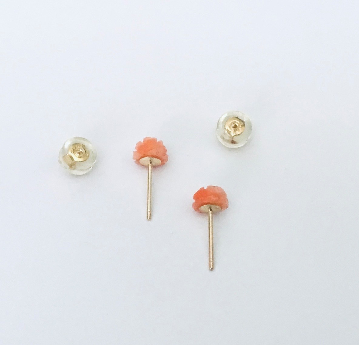 Tiny 14K Gold Natural Pink Coral Hand Carved Rose Flower Stud Earrings NEW