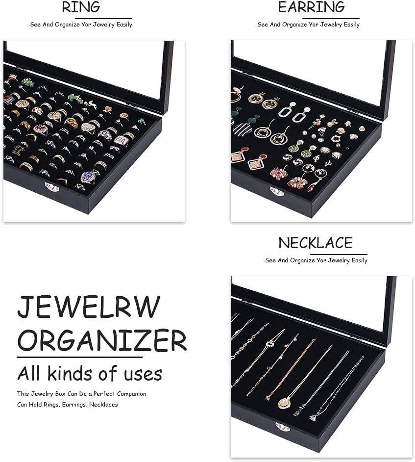 Ring Display Box 100 Slots with Glass Top Lid, Black Jewelry Storage Case