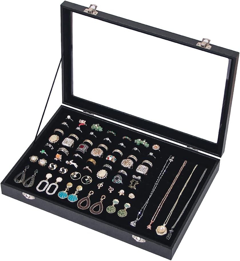 Ring Display Box 100 Slots with Glass Top Lid, Black Jewelry Storage Case