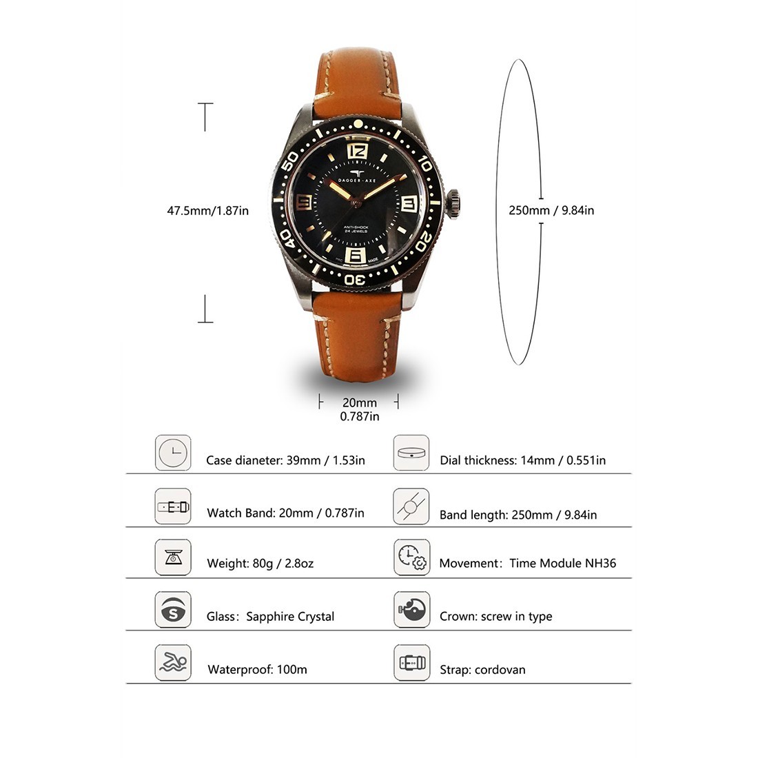 Dagger Axe Oceanic Automatic Steel Black Brown Leather Diver Men’s Watch