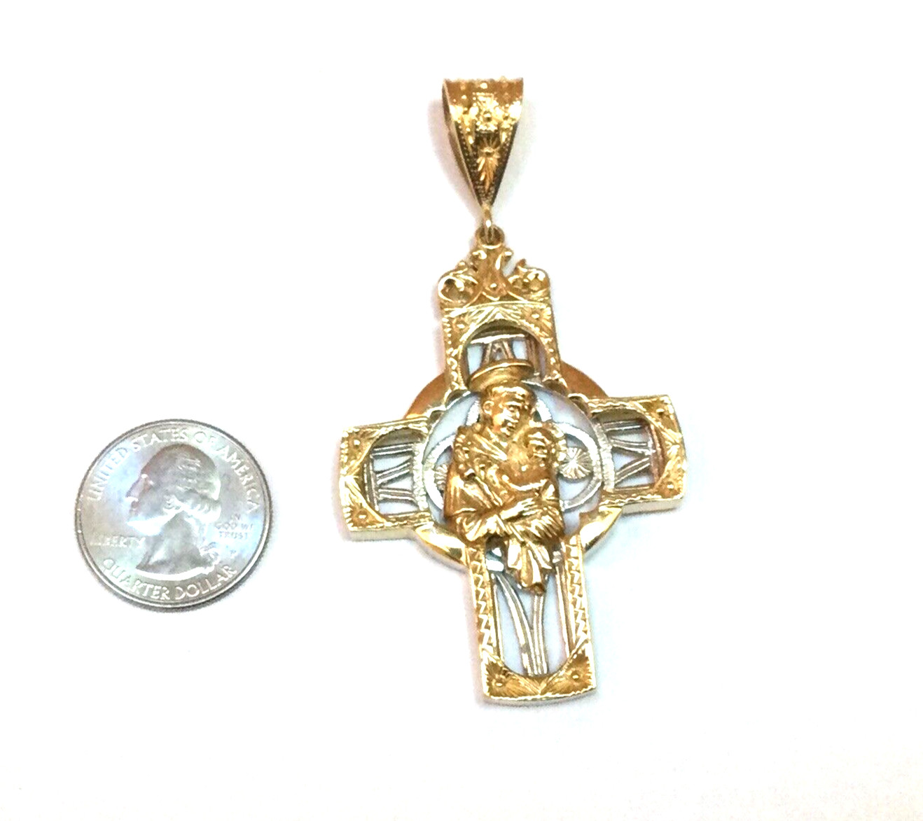 10k Yellow White Gold Heavy Celtic Double Sided Cross Pendant 28.5 Grams