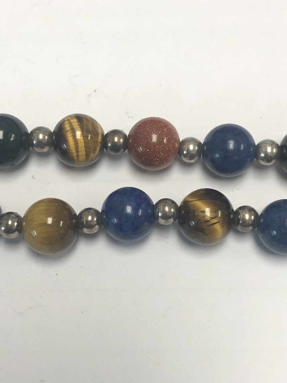 VTG TIGER EYE, LAPIS, SUNSTONE & SILVER BEADED NECKLACE ON SILK STRAND