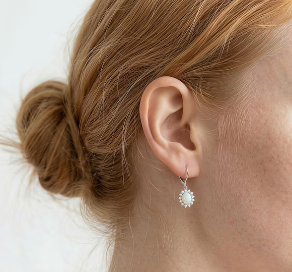 2.20TCW Oval Natural Fire Opal Drop & Dangle Halo Earring 14k White Gold Plated