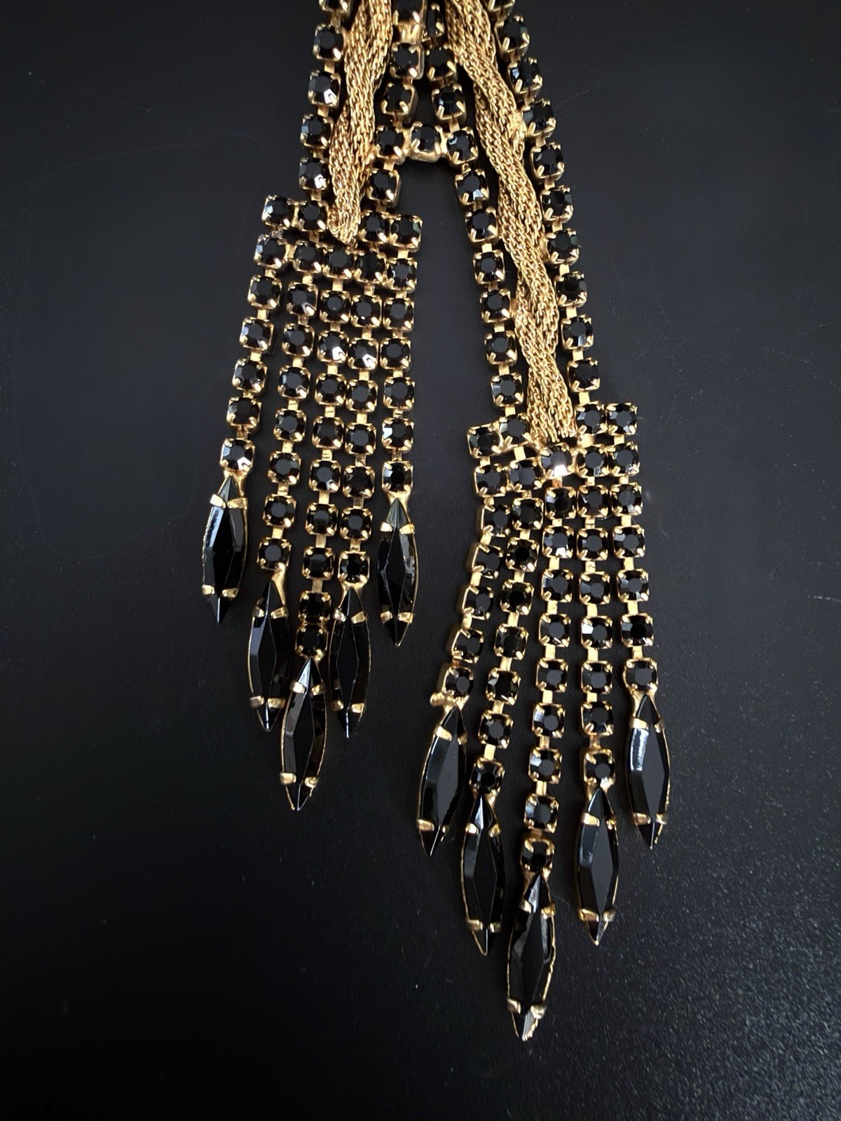 Vtg 50’s 60’s Fixed Lariat Waterfall Necklace Gold Mesh Black Rhinestone Tassel!