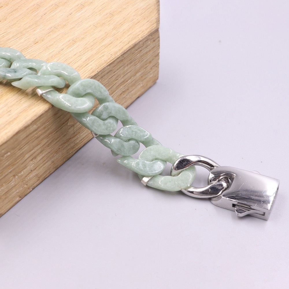 Real Grade A Natural Green Jade Jadeite Men Cuban Curb Link Bracelet 7.5-7.9inch