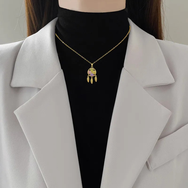 Love Heart Clover Dreamcatcher Necklace Stainless Steel Jewelry