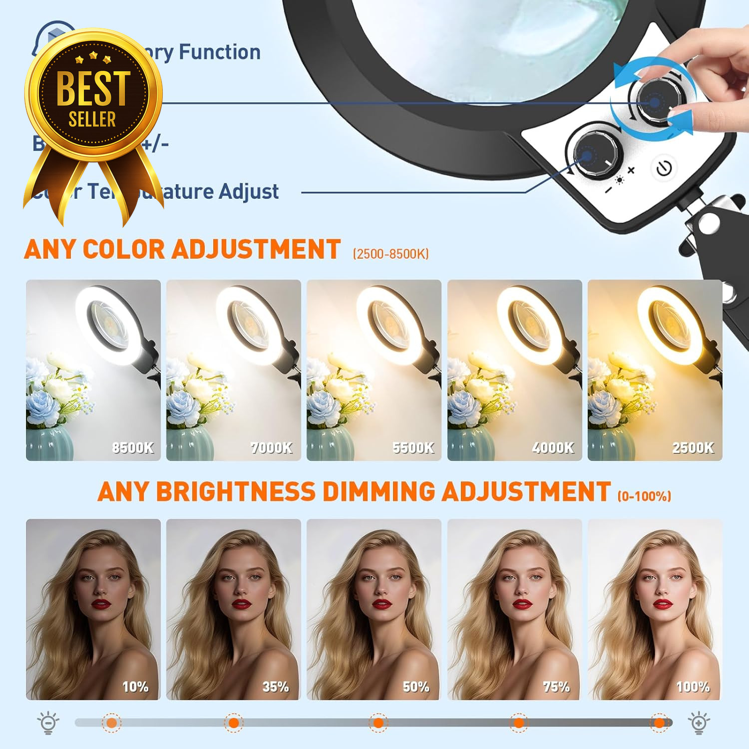 12X Magnifying Lamp with Clamp LED Light Dimmable 35in Arm Glass Lens