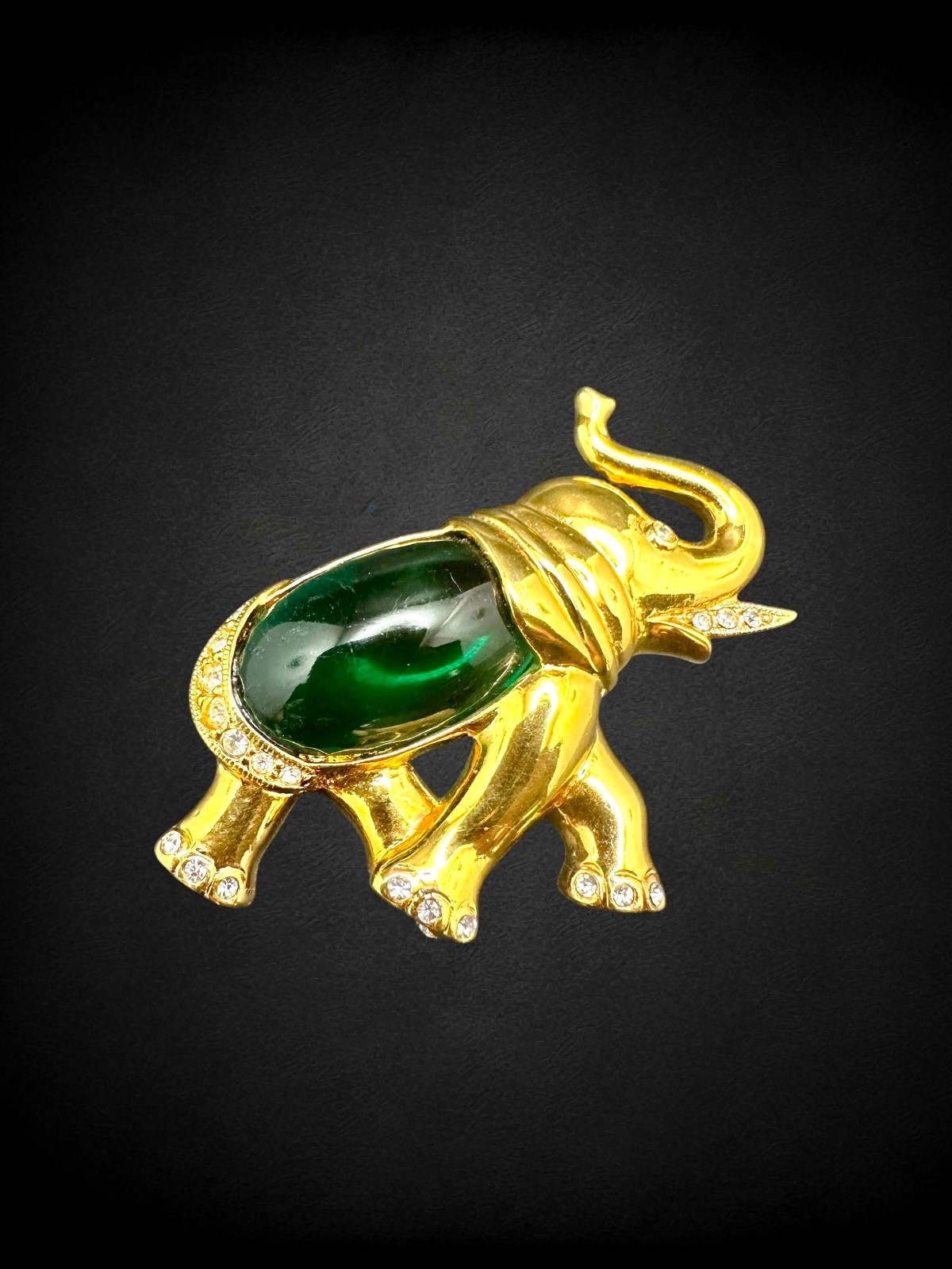 Vintage Marcel Boucher Green Jelly Belly Elephant Brooch Goldtone Rhinestone Pin
