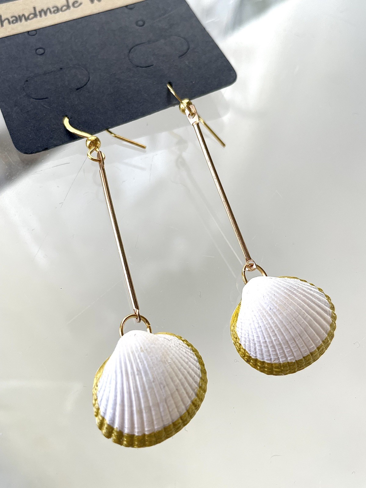 Handmade Gold Trim Coastal Beach Shell Drop Lined Dangle Jewellery Earrings Gift