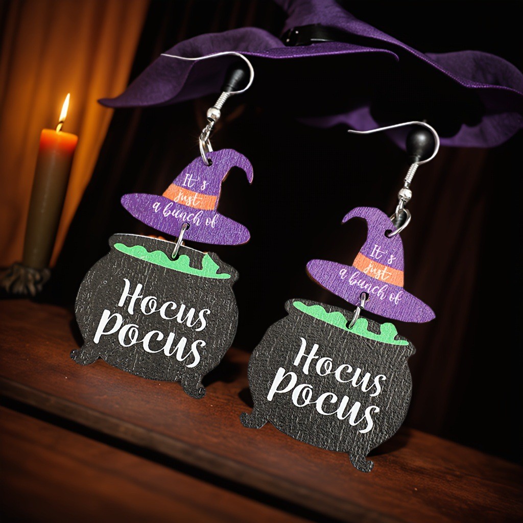2Pcs Halloween Hocus Pocus Witch Hat Cauldron Wooden Dangle Earrings for Women