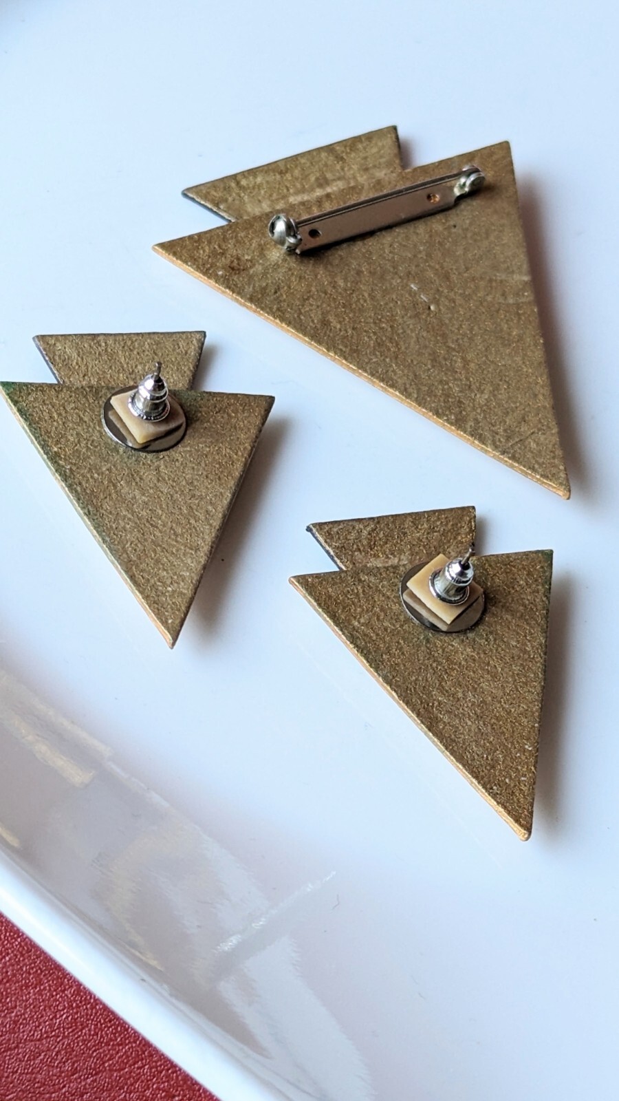 Artisan 3pc SET Gold Blue Green Paper Triangle Brooch & Earrings Modern Abstract