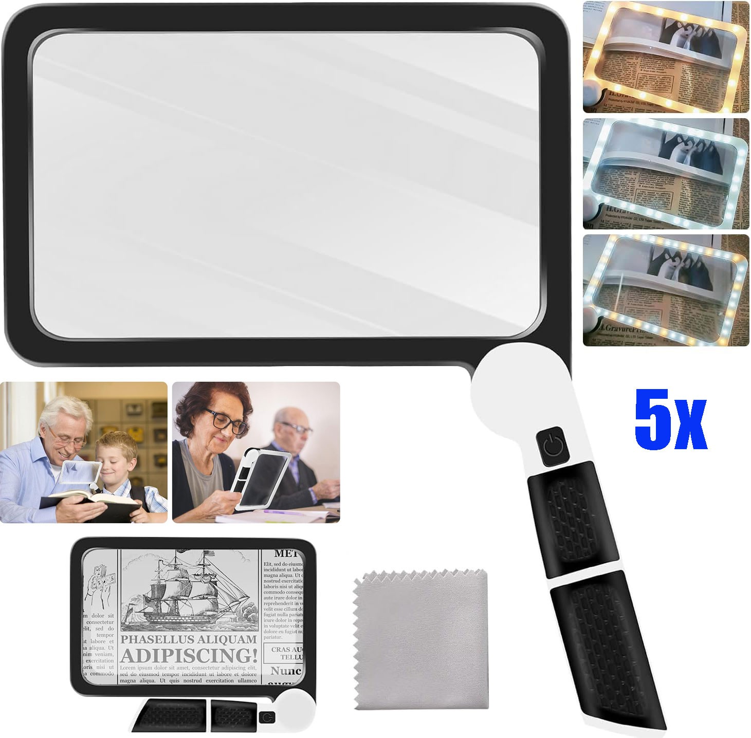 5X Page Magnifying Glass with 3 Lighting Modes for Reading & Low Vision Seniors