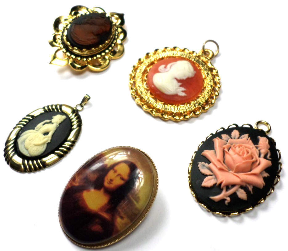 5 Different Colorful Glass, Acrylic &Resin Women Roses Cameos Large Pendants