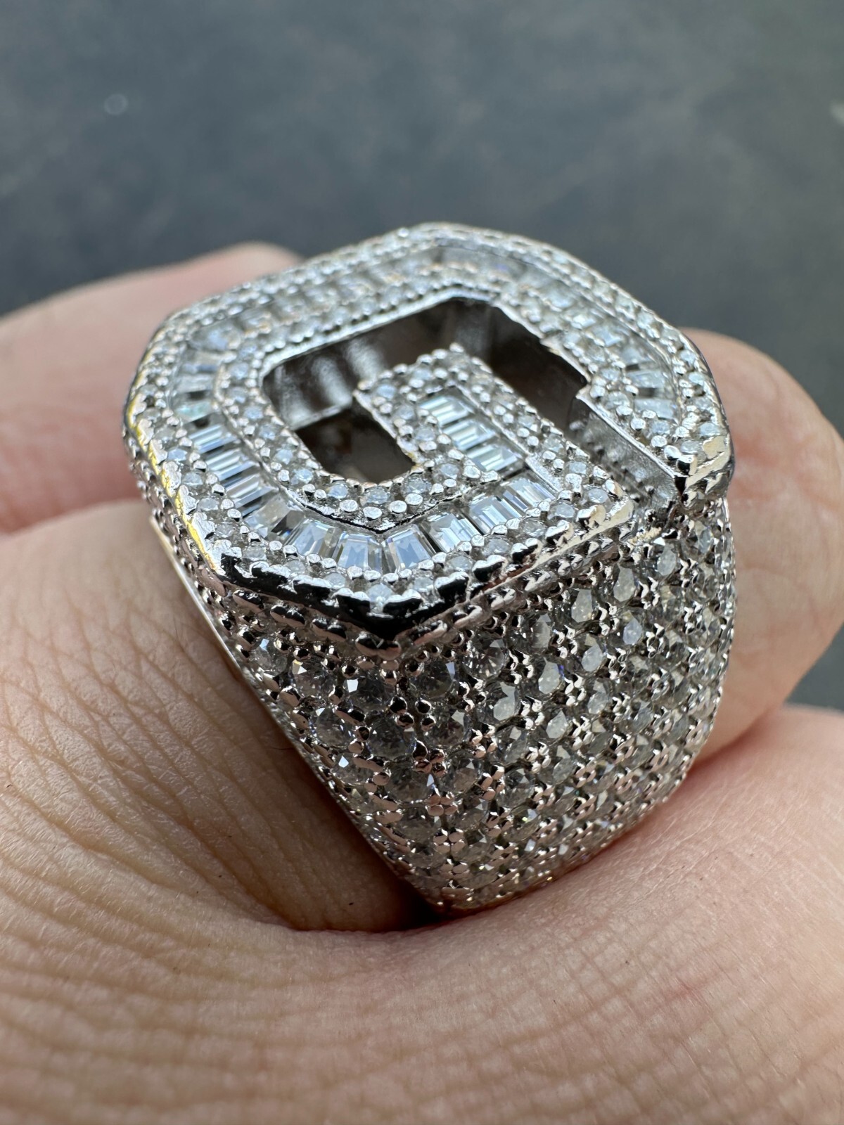 Real MOISSANITE Large Initial Letter Ring Iced Baguette Hip Hop 925 Silver A-Z