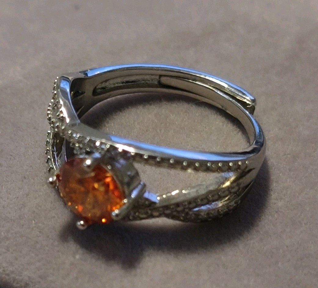 Silver Band Ring Round Orange Moissanite Prong Setting Adjustable