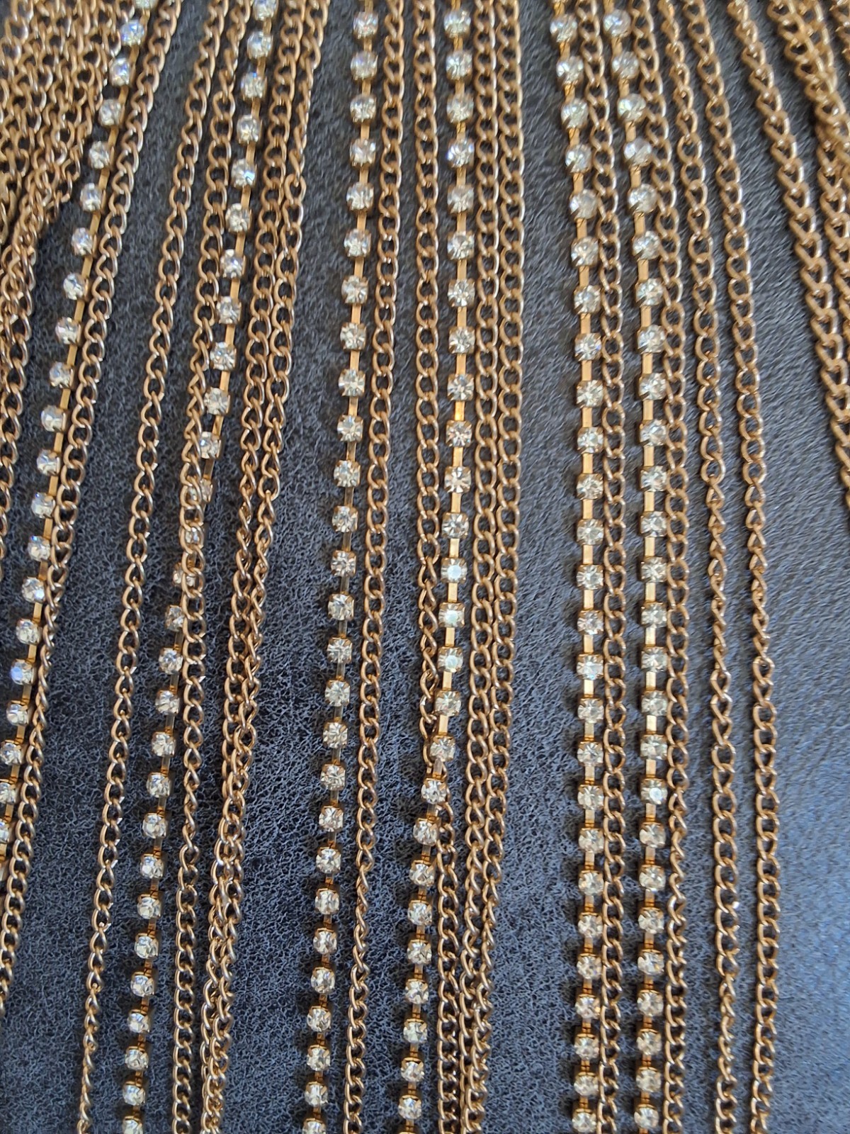 Signed BB Multi Strand Waterfall Gold Tone & Rhinestone Strand Necklace.