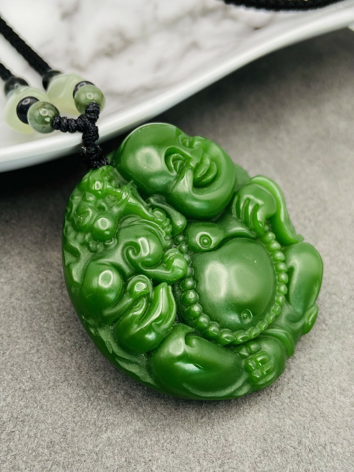 Jade Buddha Charm Pendant Necklace W/ Beads Cord Chain Handmade Carved Gemstone