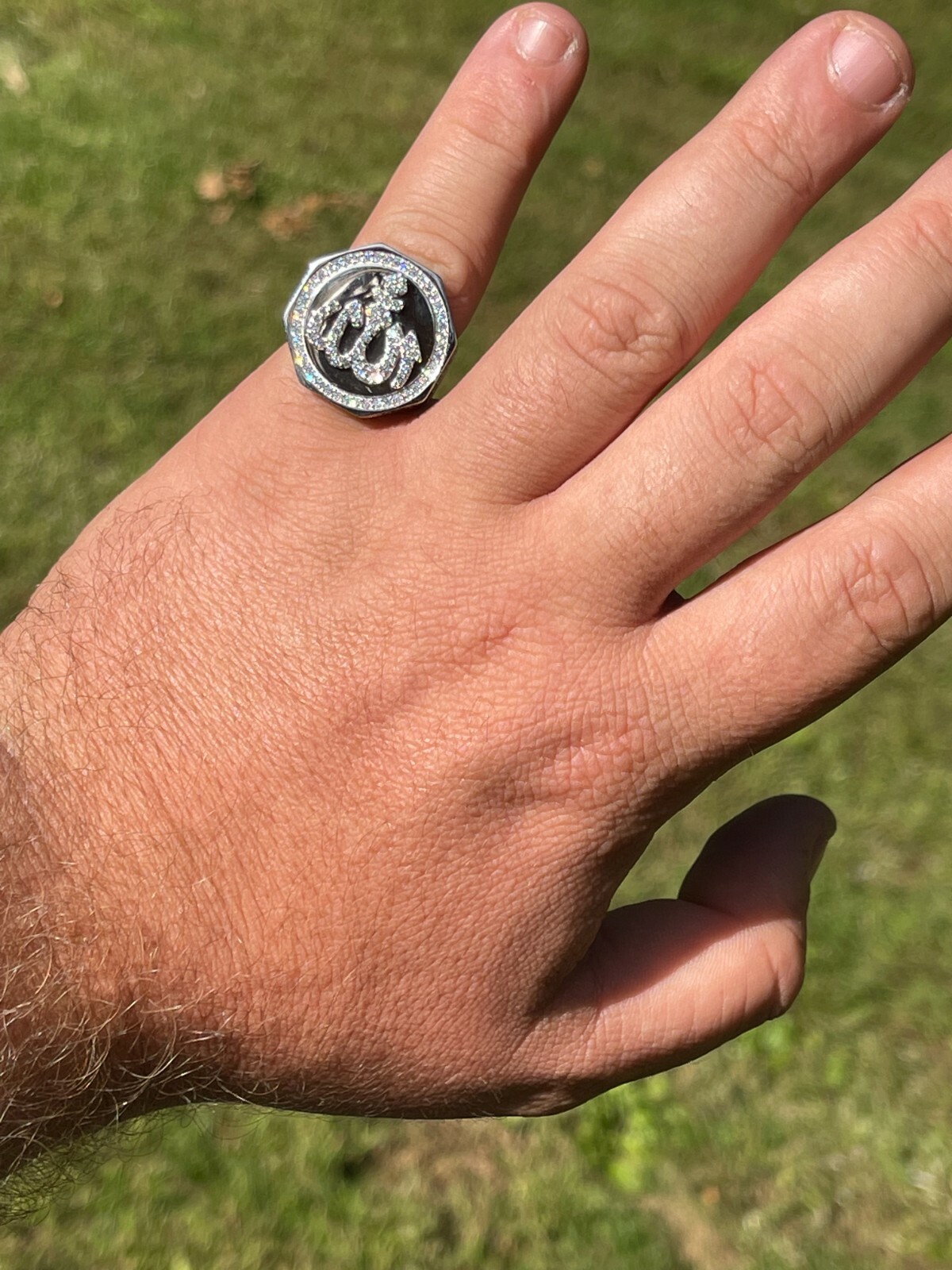 Real Solid 925 Sterling Silver Allah Islamic Arabic Ring Iced CZ Hip Hop