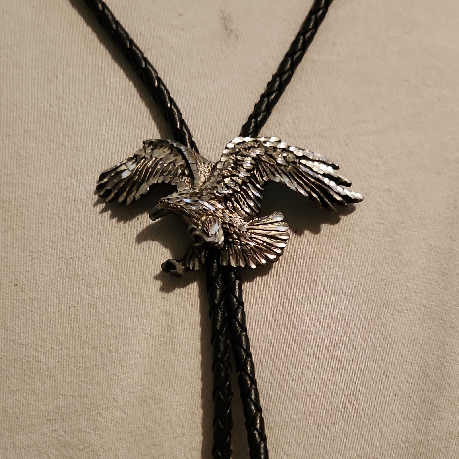 Vintage 1995 EJC Pewter Eagle Bolo Tie Western Cowboy Braided Leather Cord