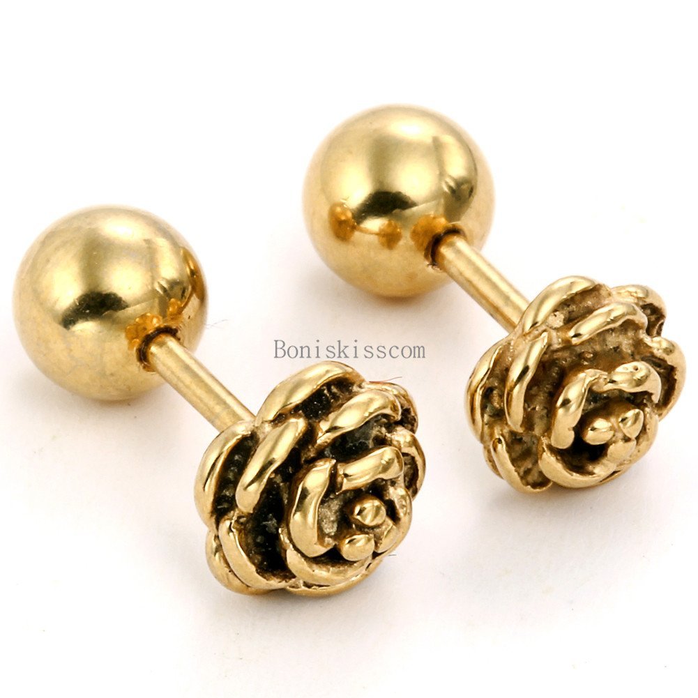 Charm Rose Flower Shape Stainless Steel Stud Earrings Bead Ball Screw Back