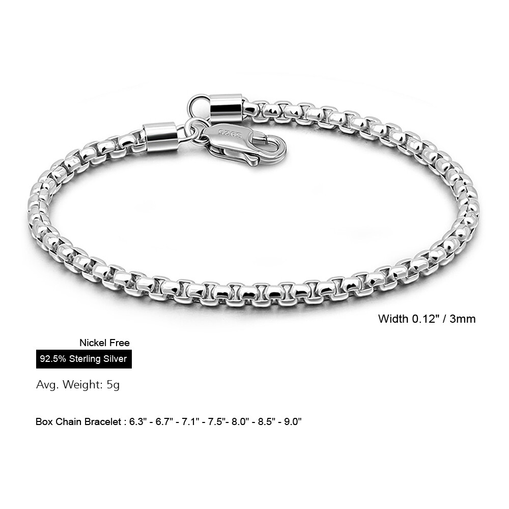 Solid 925 Sterling Silver Round Box Chain Bracelet Lenght 6.3″-9″ for Women Men