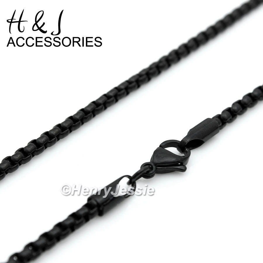 16-36″MEN Stainless Steel 2.5mm Black Plated Smooth Box Link Chain Necklace