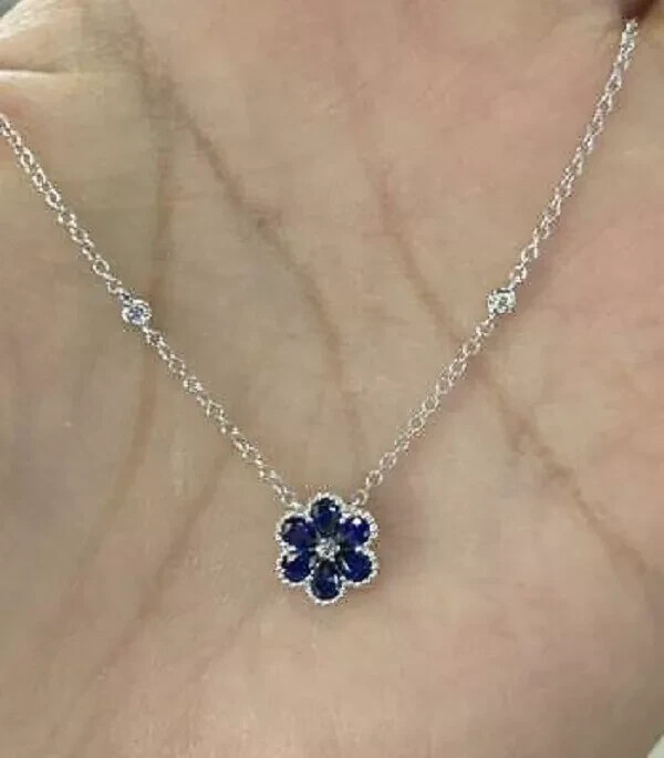 1Ct Pear Cut Blue Sapphire Flower Diamond Pendant Solid 14k White Gold Over