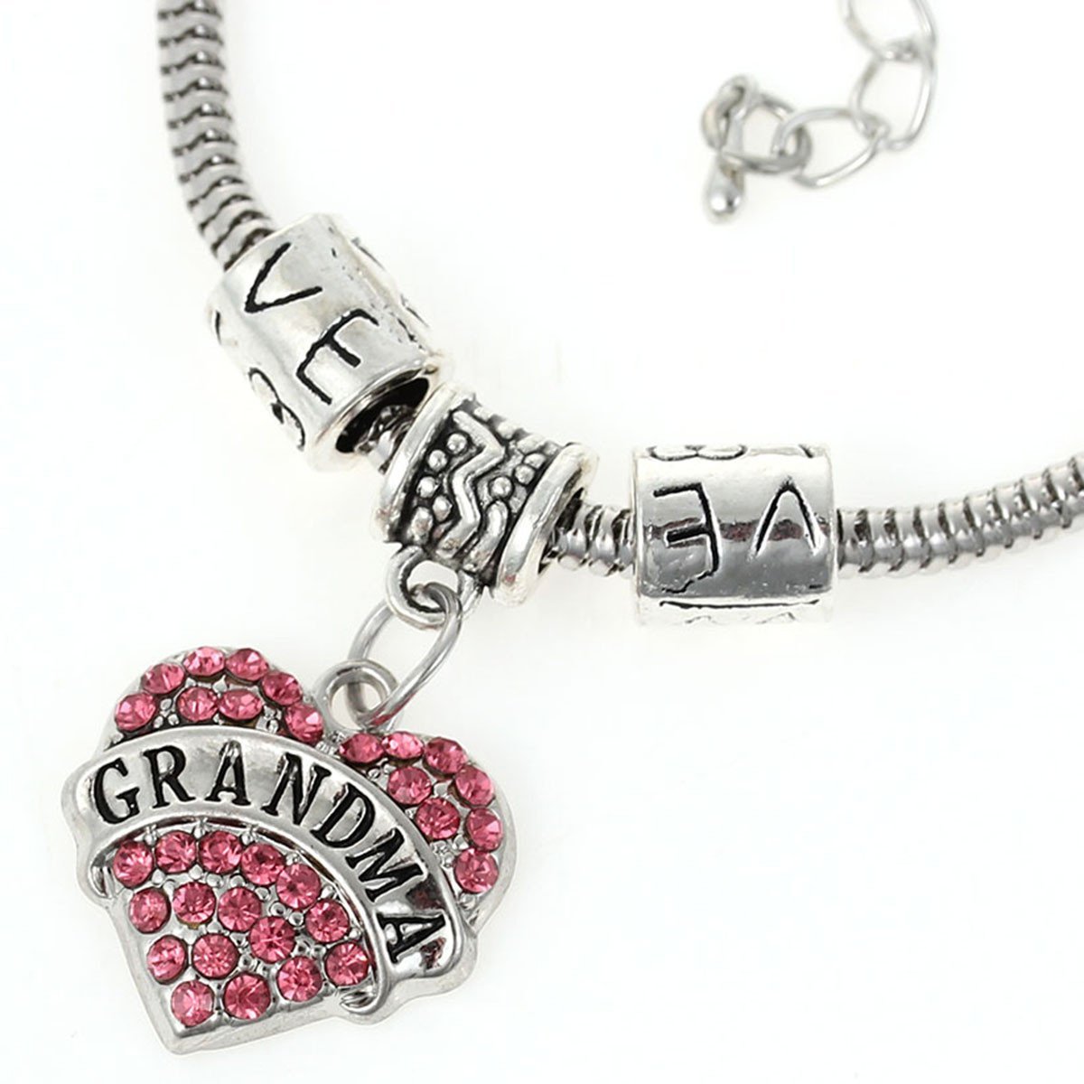 “Grandma” European Snake Chain Charm Bracelet with Pink Rhinestones Heart Pendan