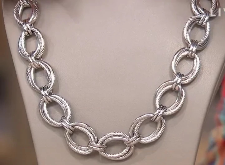 Stately Steel Silvertone Textured Oval Link Necklace, 18″