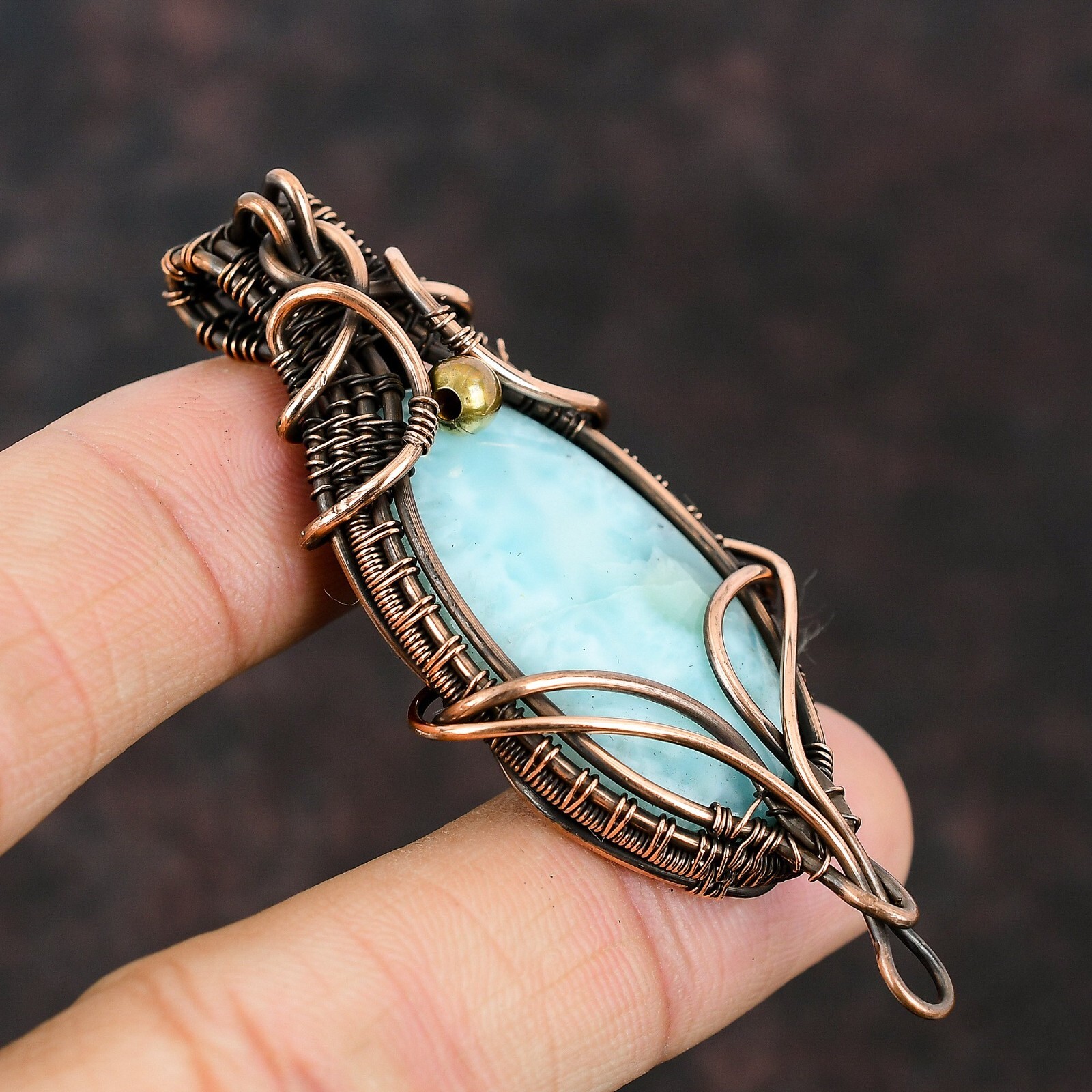 Larimar Gemstone Jewelry Copper Gift For Bridesmaid Wire Wrapped Pendant 2.64″