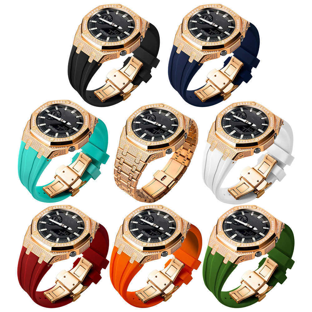 Bling Diamond Stainless Steel Case + Rubber Strap AP MOD KIT for G-SHOCK GA-2100
