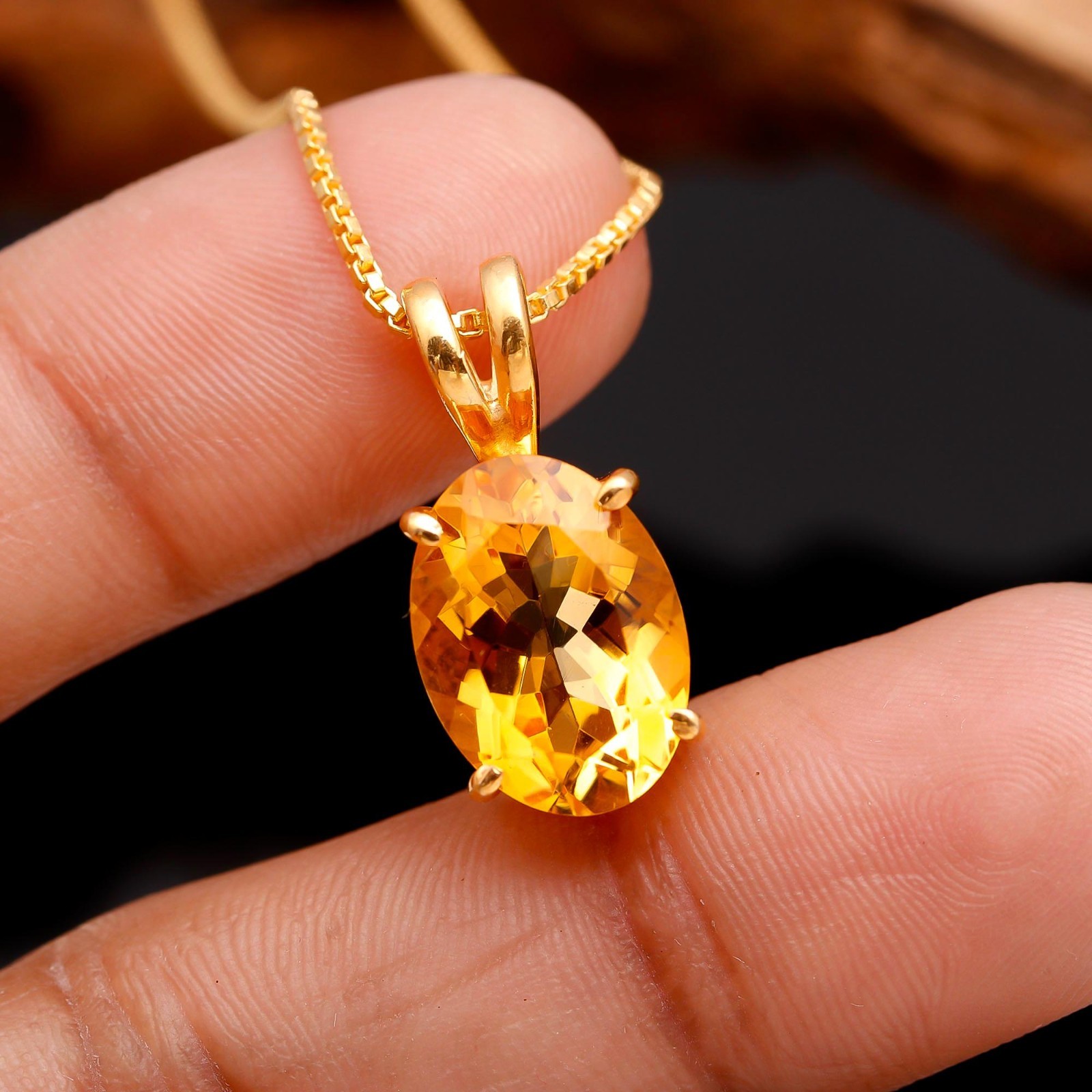Natural Citrine Quartz Oval Chain Necklace Gold Fill 925 Sterling Silver Jewelry