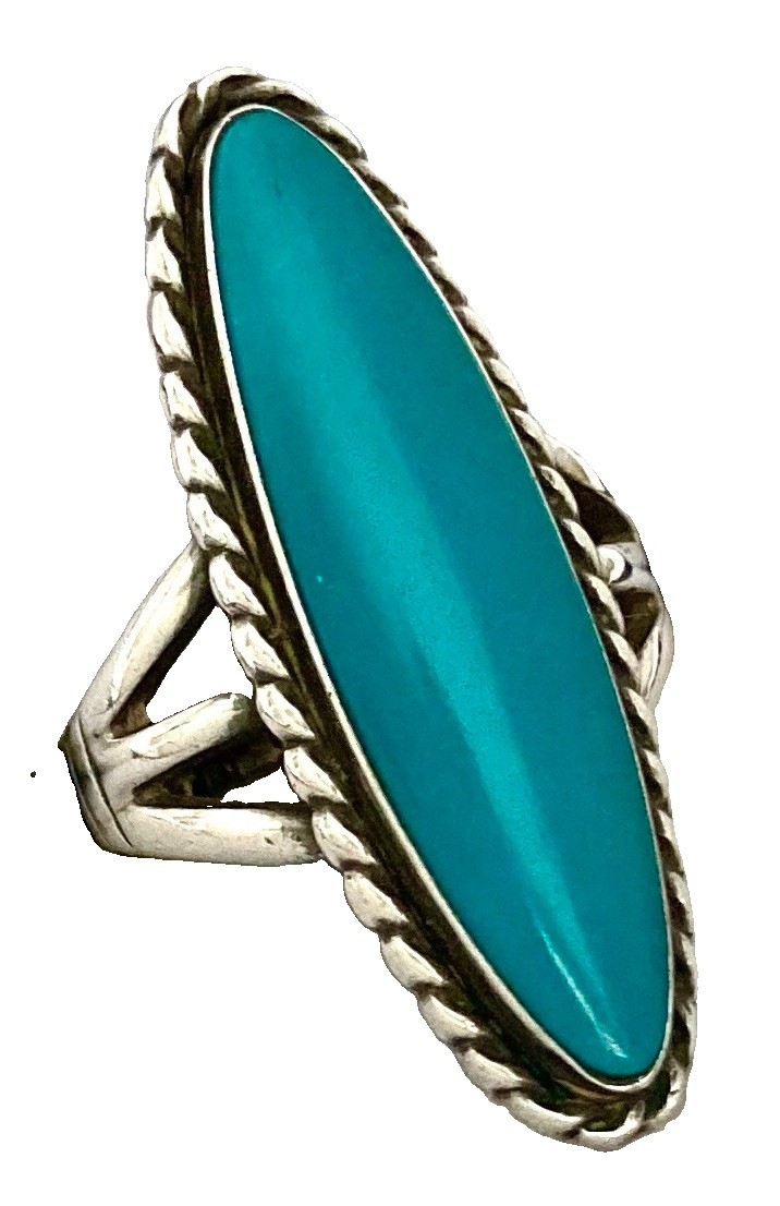 VINTAGE BELL TRADING POST Sterling Silver Tall TURQUOISE Rope Accent Ring~Size 6