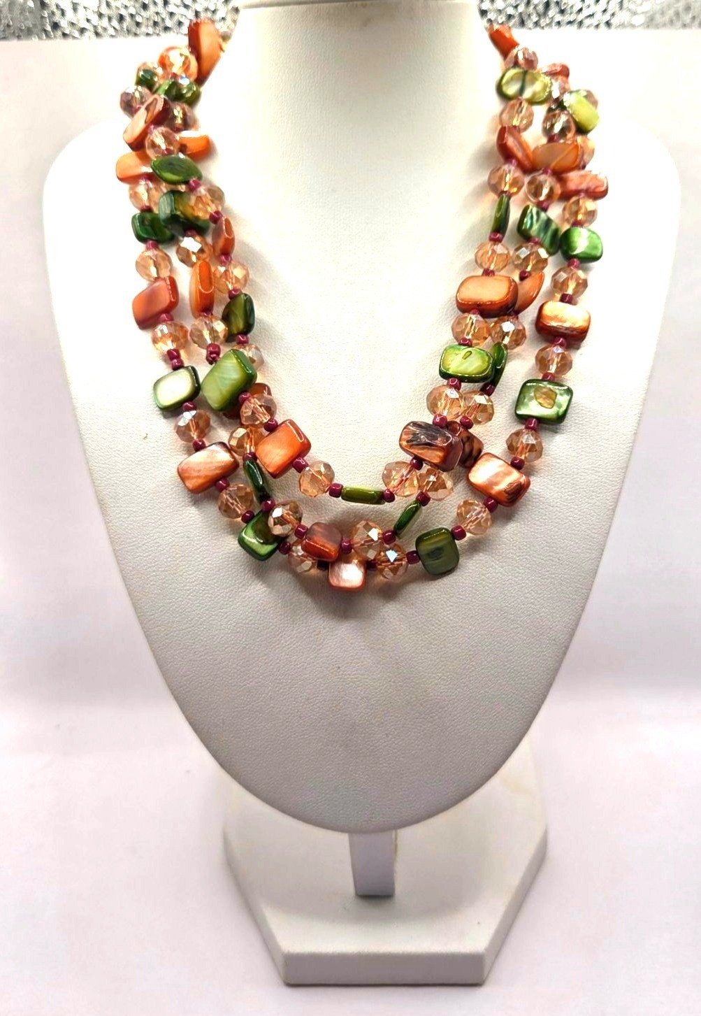 Multicolor Shell & Crystal Beaded Layered Necklace Green & Orange Statement