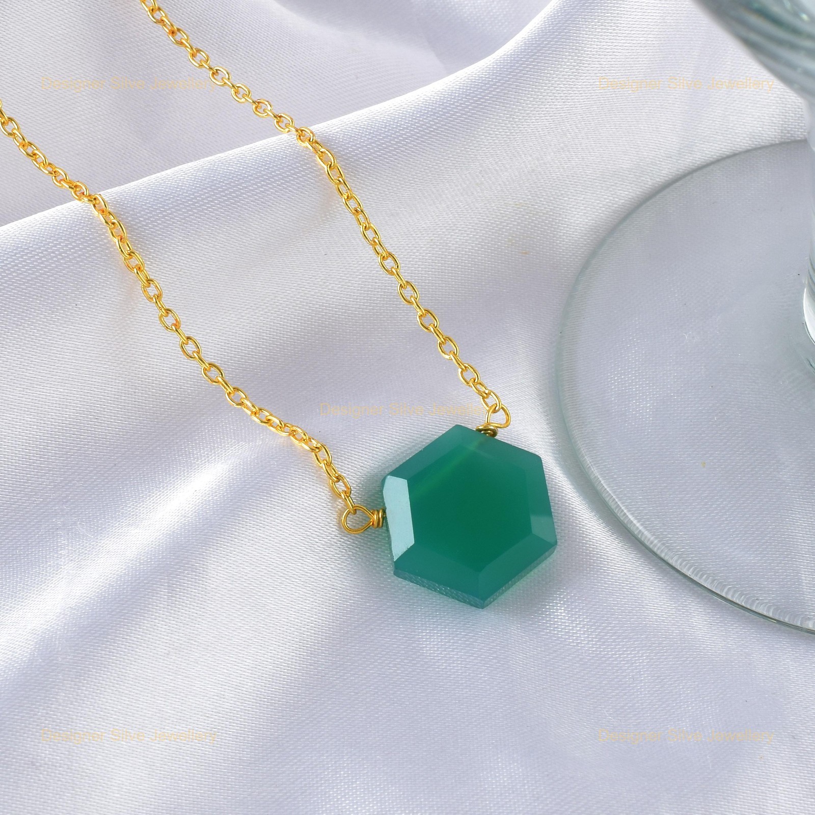 Daughters Day Sale 925 Sterling Silver Green Onyx Stone Chain Necklace Jewelry